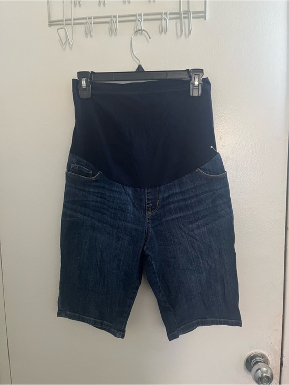 Motherhood Dark Blue Denim Maternity Bermuda Shorts with Black Waistband